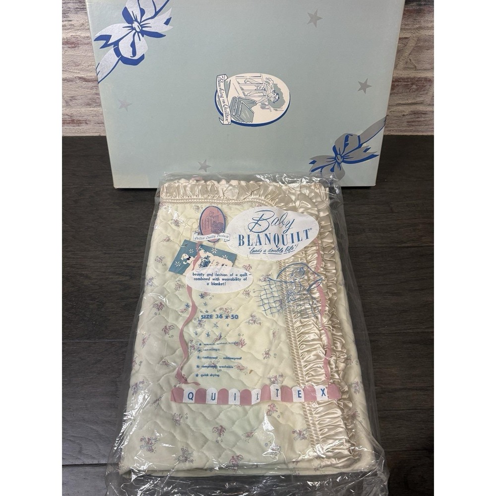 Vtg QUILTEX Blue Acrylic Baby Blanket Quilt Blanquilt Satin Ruffled Trim MCM NIB